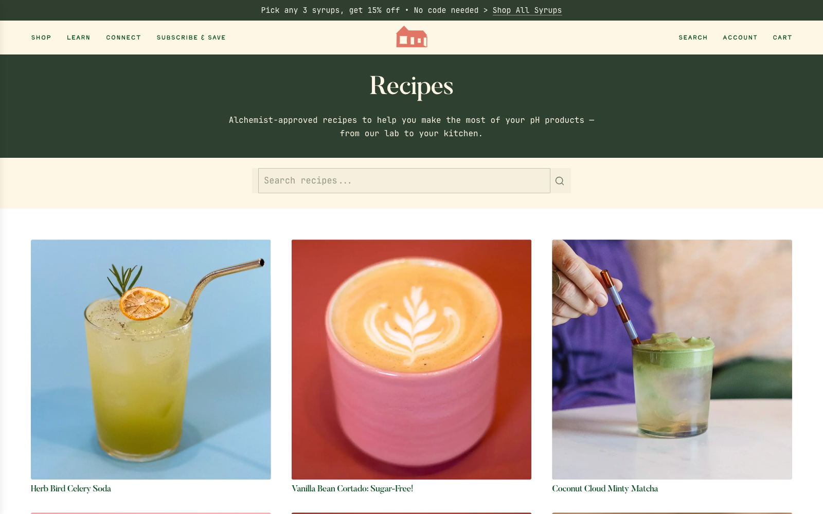 Pink House Alchemy shows a recipe search field above illustrated drink recipes in its Shopify store.