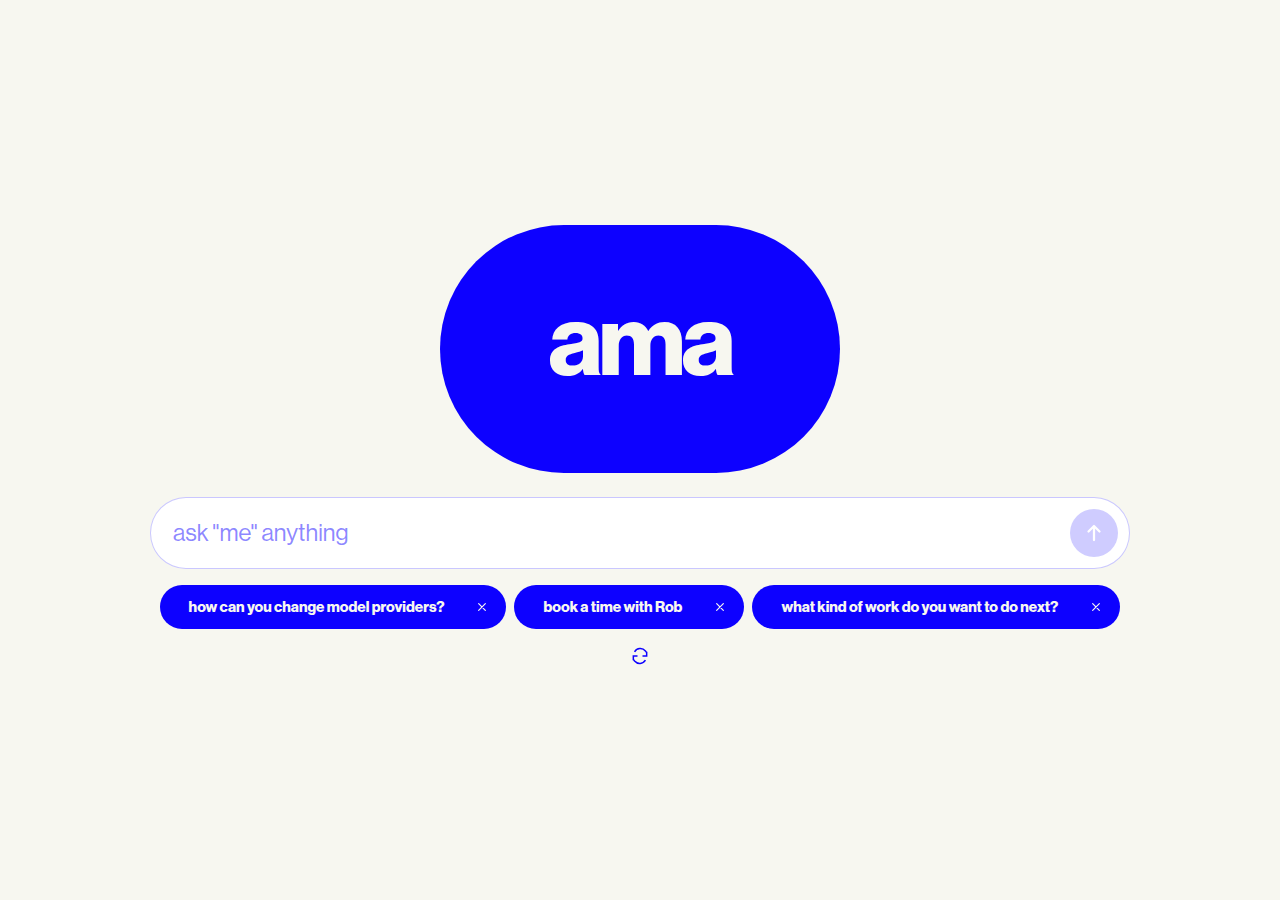Askrob shows an empty chat composer, suggested questions, and a refresh control in blue and cream.