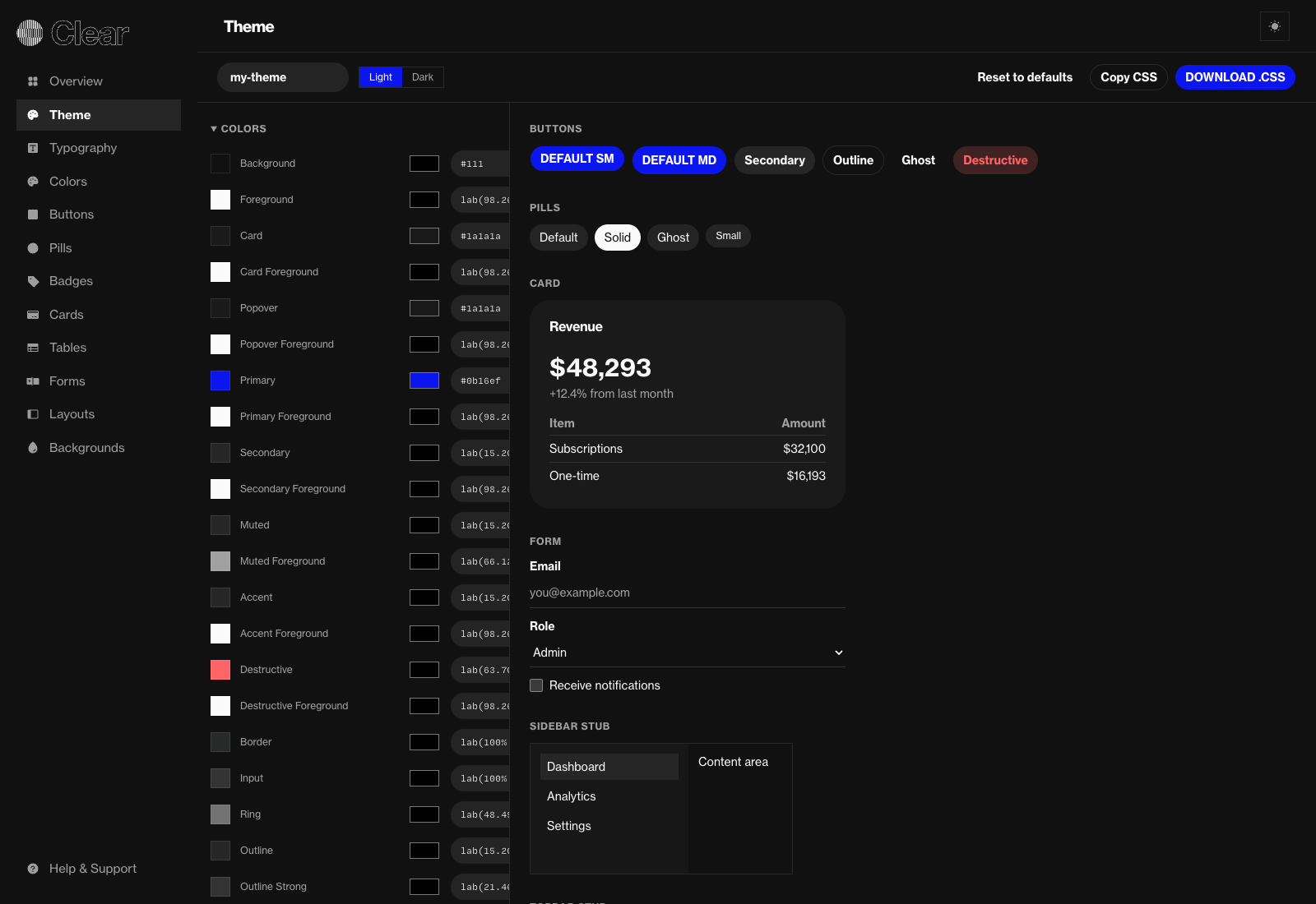 Clear design-system editor with color tokens and component previews