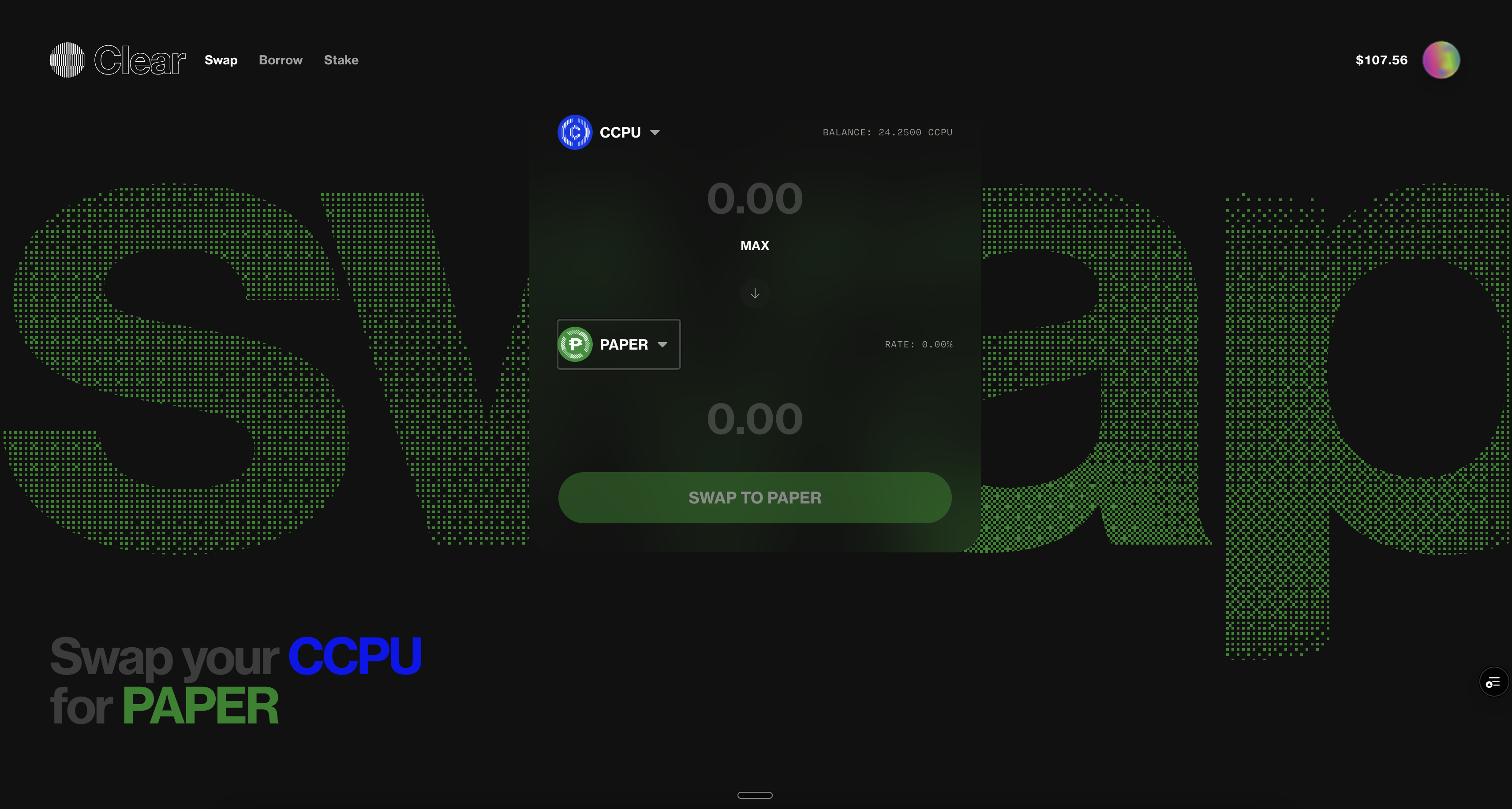 Clear swap interface with CCPU and PAPER selected