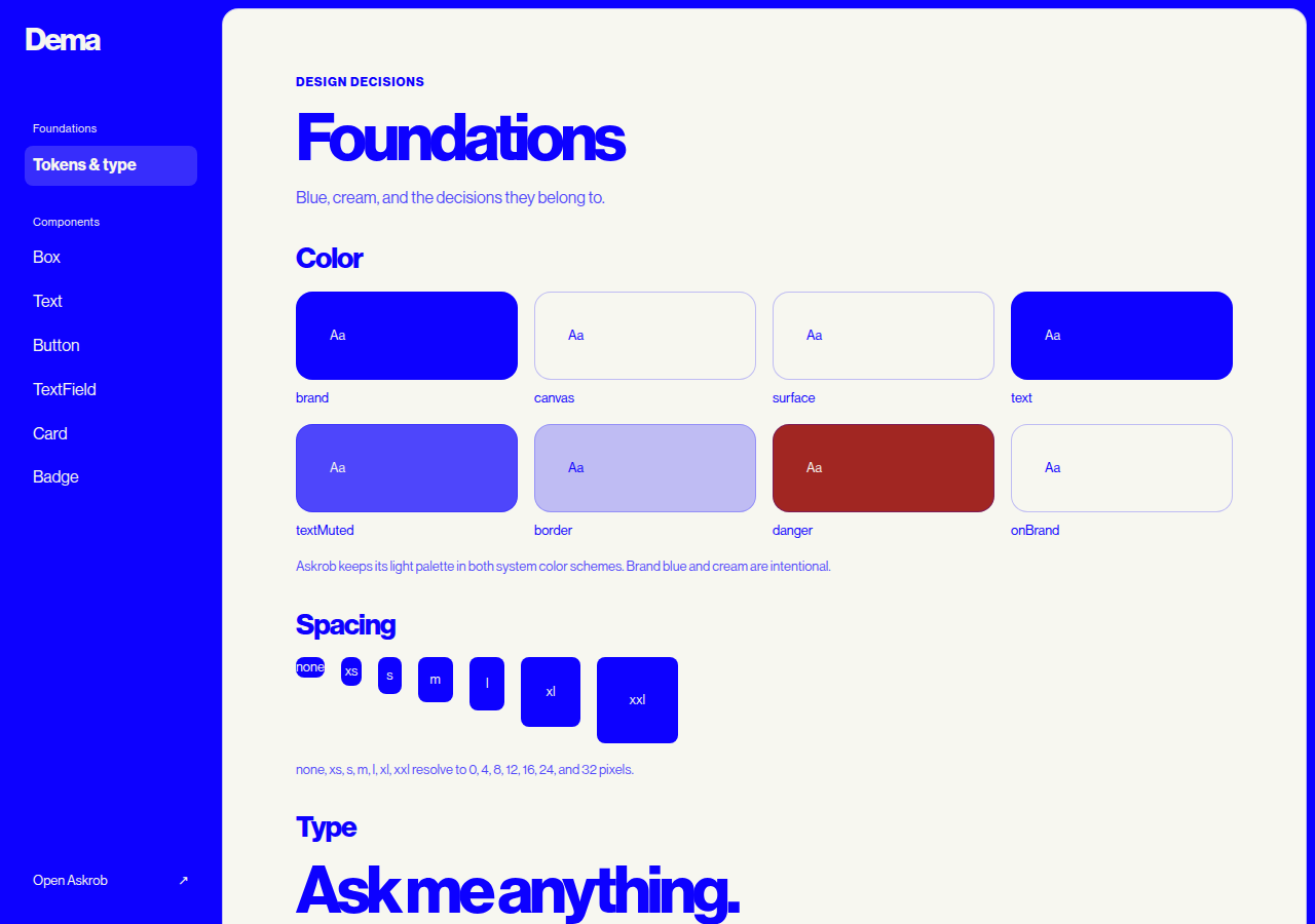 Dema shows named blue and cream colors, spacing tokens, and typography.