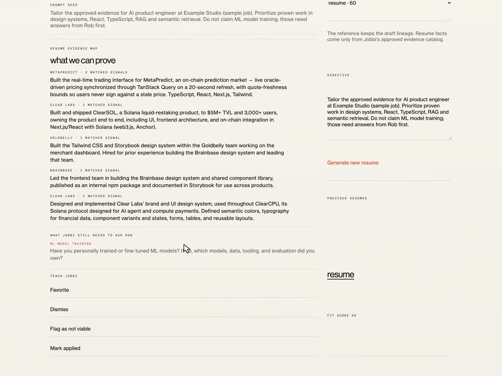 Jobbi shows selected career evidence, a question about missing model-training experience, and a draft form.