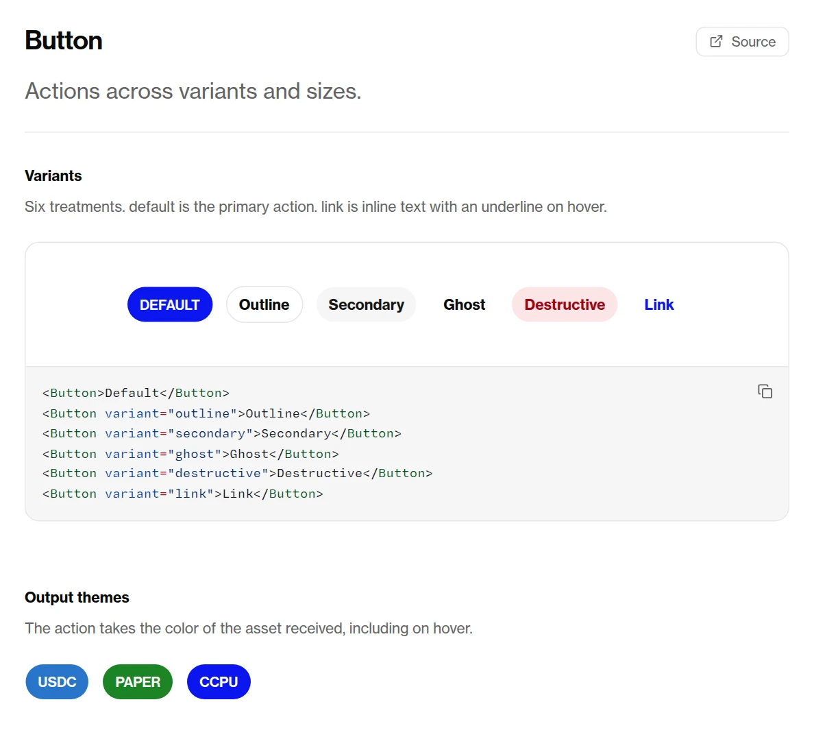 Lens shows six Button variants beside their code and asset-color examples.